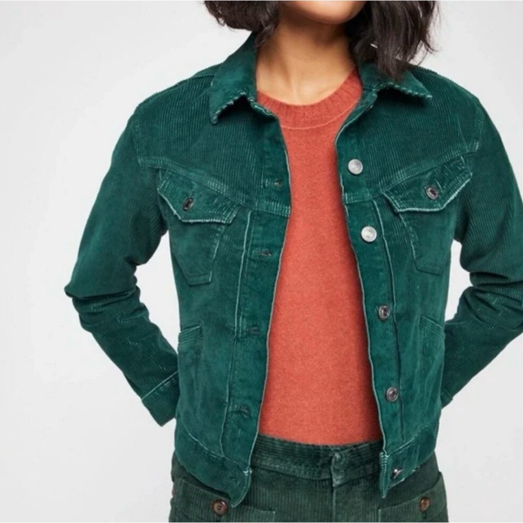 Free People Green Corduroy Jacket With Rust Accent